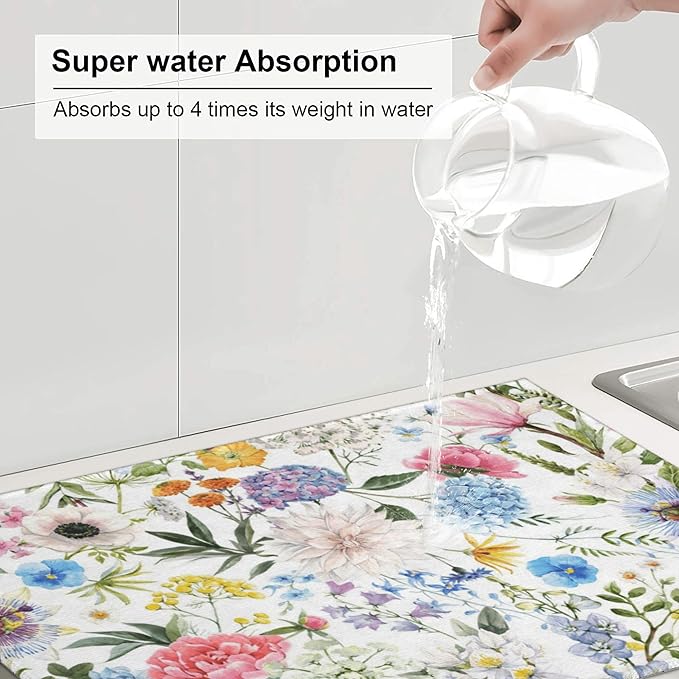 Colorful Flowers Dish Drying Mat for Kitchen Counter, 18"x24" Microfiber Absorbent Fast Dry Mat, 2Pcs Dish Mat Faucet Mats Sets, Large Drying Kitchen Mat Kitchen Drying Pad Coffee Bar Decor Gifts