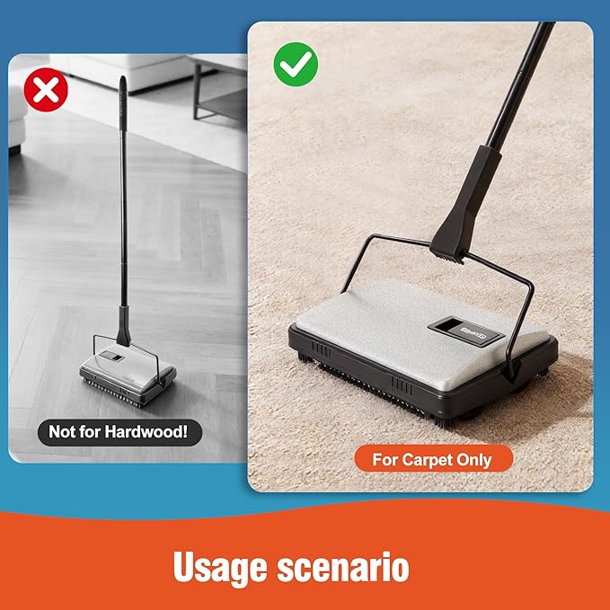 Carpet Sweeper Manual Cordless - Non-Electric Push Sweeper for Pet Hair & Debris on Carpets & Rugs, Includes Cleaning Tool & Extra Replacement Roller