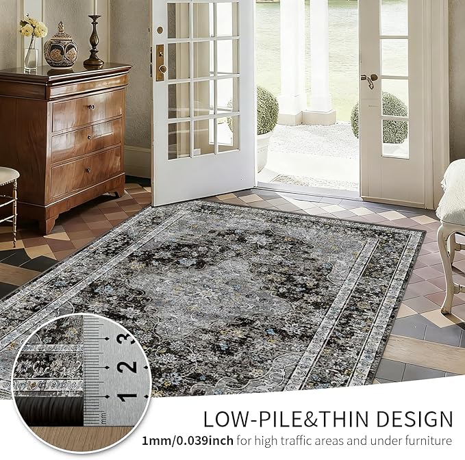 Area Rugs 5x7, Washable Black Rugs for Living Room, Bedroom, Non Slip, Neutral Floral Vintage Indoor Rug for Farmhouse Nursery, Dining Room, Kid Room, Office, Dorm