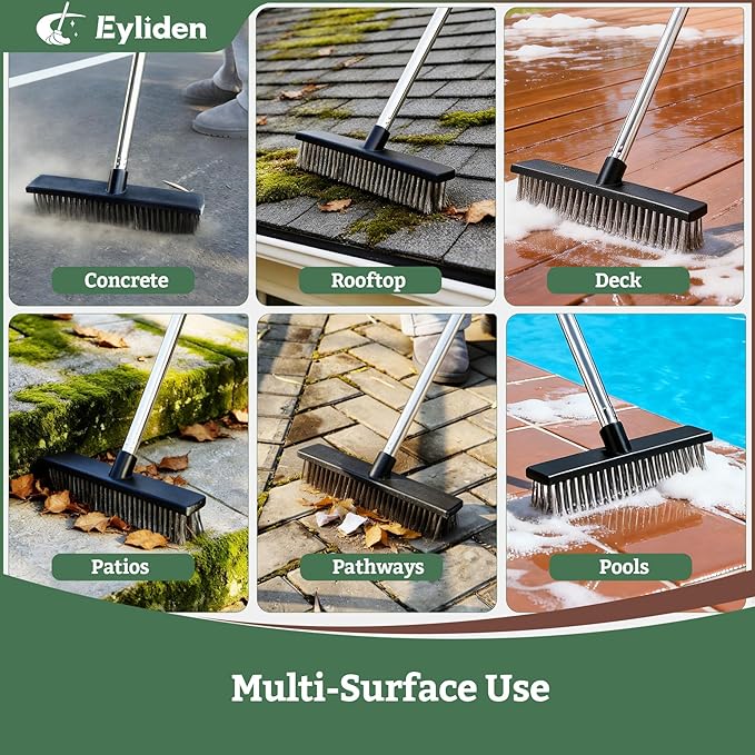 Eyliden Push Broom, Heavy Duty Moss Wire Scrub Brush with Stainless Steel Bristles, 65" Long Handle for Deck, Concrete, Patio Outdoor Cleaning
