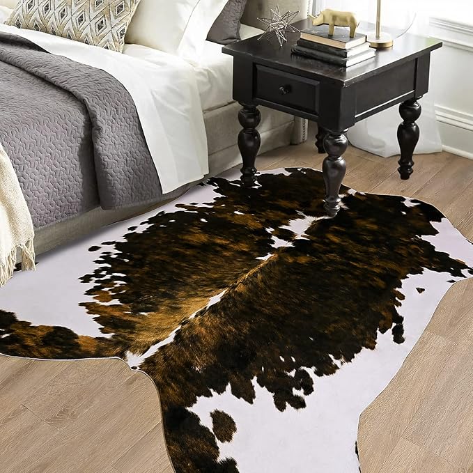 Amearea Faux Cow Hide Rug Large 6.2x5.2 Feet, Premium Western Home Decor Cow Print Rugs for Living Room, Faux Leather Animal Cowhide Bedroom Carpet, Dining Traditional Cow Pattern Stuff Carpets, Brown