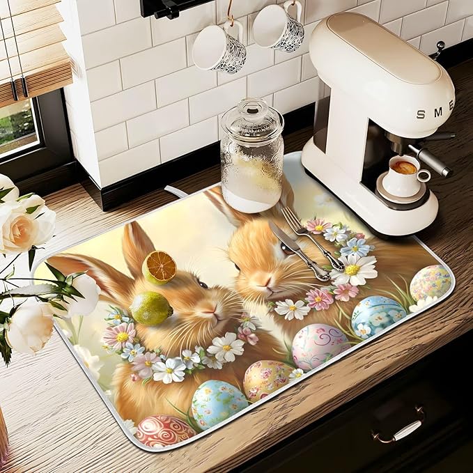 Cute Rabbit Bunny Easter Eggs Dish Drying Mat for Kitchen Counter Absorbent Microfiber Large Drying Pad Dish mats for Kitchen Countertops 18 x 24 Inch