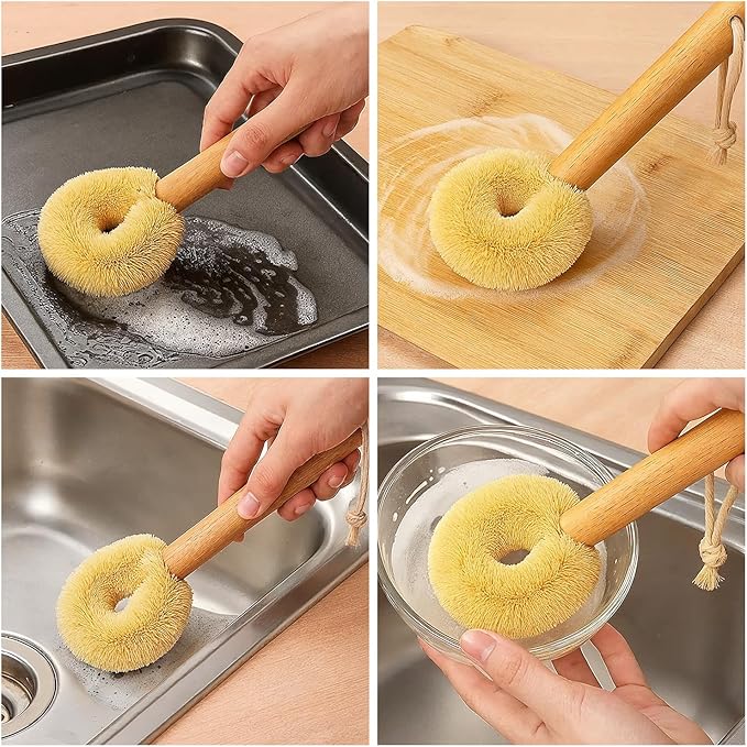 Coconut Fiber Dish Brush with Handle – Natural Dish Scrubber Brush for Kitchen Sink & Pots – Eco-Friendly Dish Cleaning Brush with Built-in Scraper, Sink Scrubber, and pan Cleaning Brush