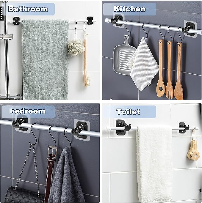 14PCS No Drill Curtain Rod Brackets No Drilling Self Adhesive Curtain Rod Holder Hooks Nail Free Adjustable Curtain Rod Hooks Curtain Hangers for Bathroom Kitchen Home Bathroom and Hotel (14PCS Black)