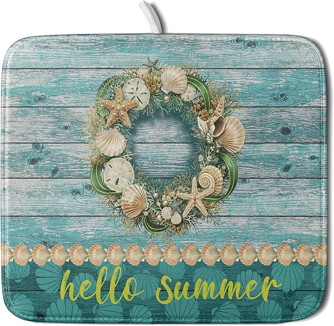 Hello Summer Dish Drying Mat for Kitchen Counter,Sea Shell Starfish Coastal Wreath Drying Mat 16 x 18 Inch with Absorbent Reversible Microfiber Drying Pad for Coffee Bar