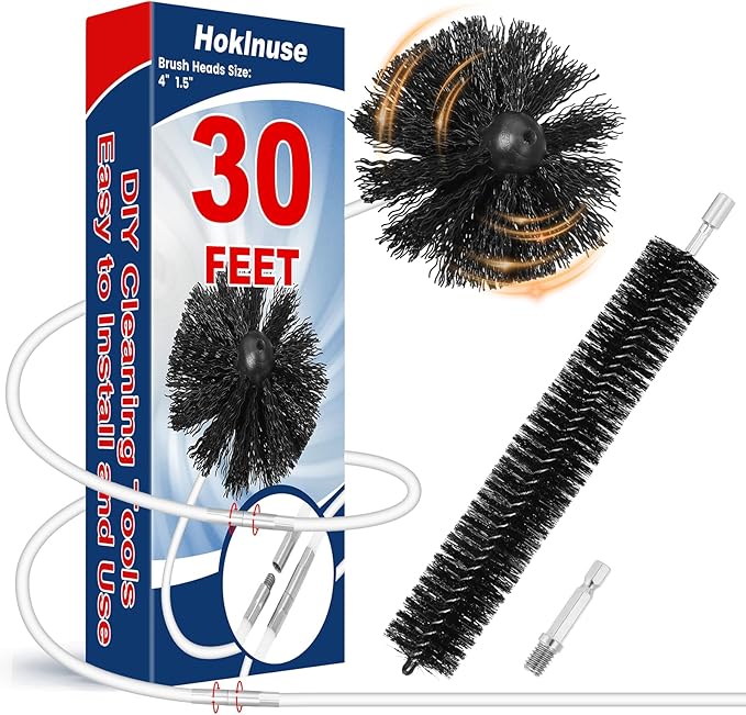 HOKLNUSE Dryer Vent Cleaner Kit Ducts Cleaning Kit for Dryer Air Duct HVAC Vent Fireplace Chimney Pellet Stove Gutter Downspout Dryer Vent Lint Removers with 1.5"&4" Brush Heads (30Feet)