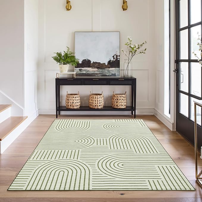 Washable Rug 5x7 Area Rugs for Living Room, Abstract Rug for Bedroom, Soft Rainbow Non Slip Throw Rugs with Rubber Back, Low Pile Stain Resistant Boho Geometric Carpet for Dining Room, Green