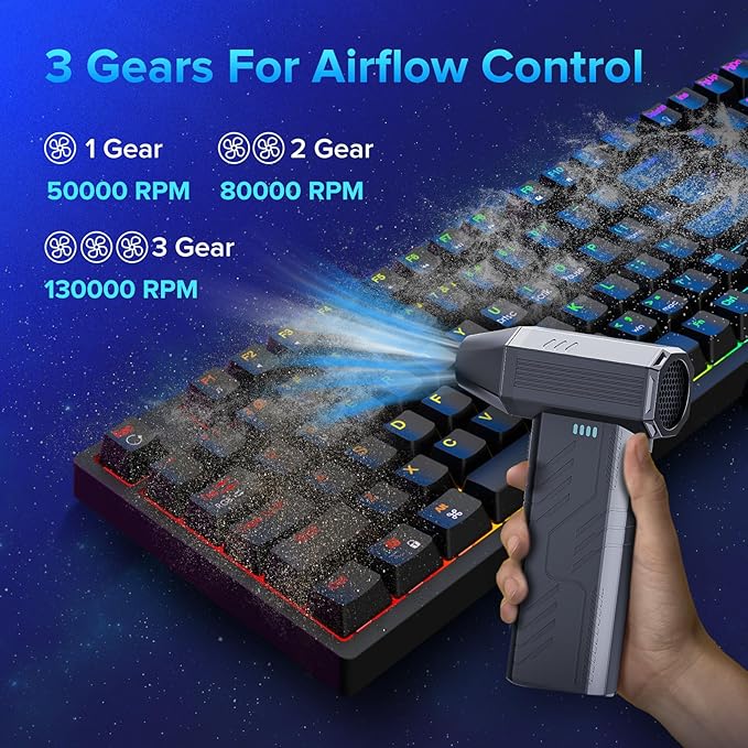 Compressed Air Duster, 8000mAh 130,000 RPM Keyboard Cleaner, Replace Compressed air can, Computer Accessories for Outdoors, PC, Electronics, Snow and Car Dust Off