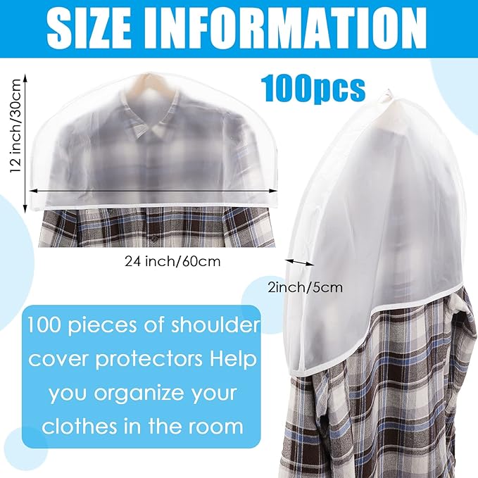 Patelai 100 Pcs 2" Gusseted Shoulder Covers for Hanging Clothes 24" x 12" Plastic Garment Dust Covers Protectors for Closet Storage Suit, Coats, Jackets, Dress Closet Storage(Translucent)