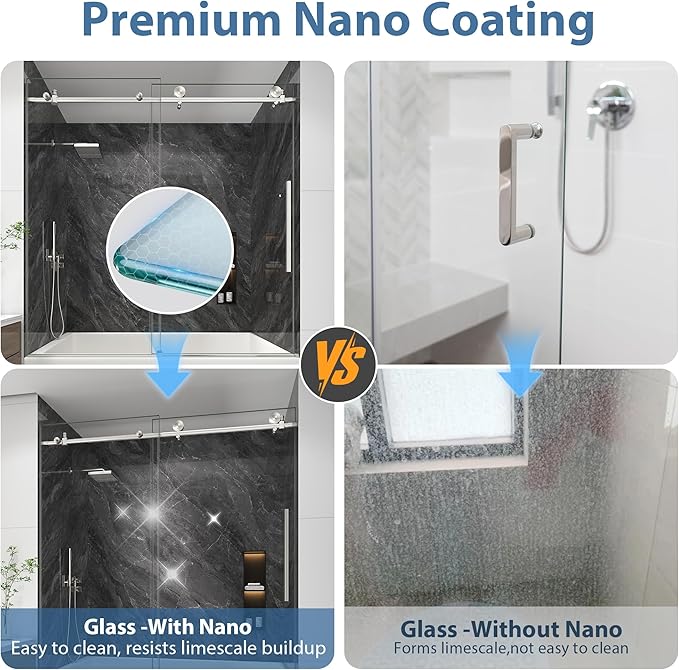 KPUY Tub Shower Door, 55-60" W x 60" H Frameless Sliding Bathtub Door, 1/4" (6mm) Thick Tempered Clear Glass with Explosion-Proof Film Nano Coating, Stainless Steel Frame, Brushed Nickel