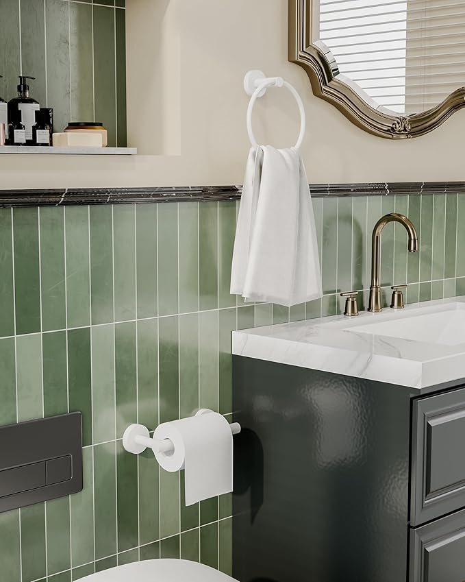 White Toilet Paper Holder & Towel Ring SUS304 Stainless Steel 2pc Bathroom Hardware Set with Double Post Pivoting Toilet Paper Roll Holder Wall Mount & Bathroom Towel Holder Set