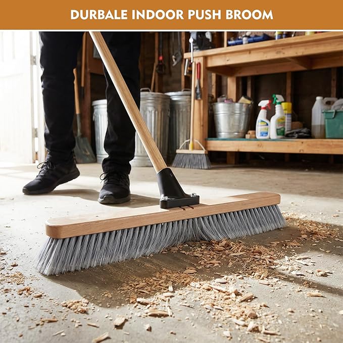 24-Inch Push Broom Set for Indoor & Outdoor Cleaning, Heavy Duty Sweeping Brooms with 61-Inch Solid Wood Handle, Soft & Stiff Bristle Combo for Garage, Shop, Patio & Home (2-Pack)