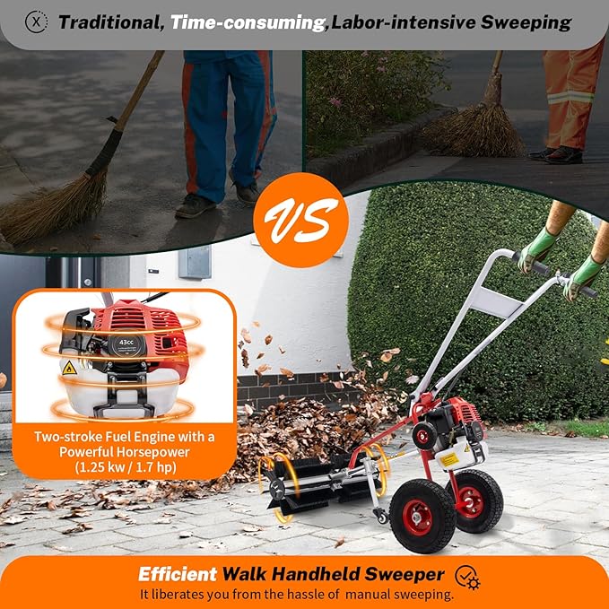 43cc 2-Stroke 1.7hp Portable Gas Power Held Sweeper Broom, 1250w Cleaning Driveway Turf Grass Walk Behind Hand Lawn Sweeper Carpet Sweeper Yard Sweeper Park Garden Cleanning Machine