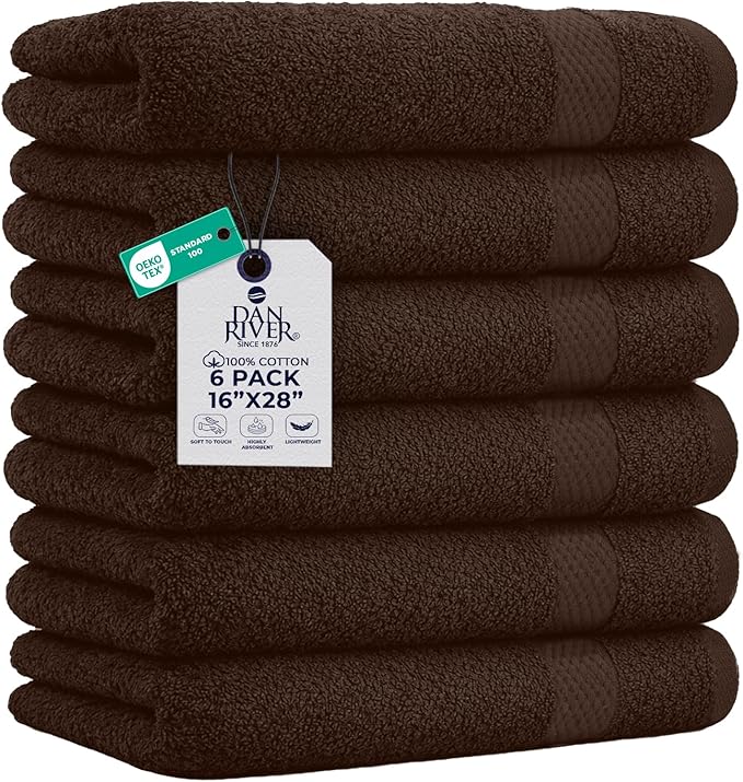 DAN RIVER 6-Pack Premium Hand Towels (16x28 Inches) - 100% Cotton, Ultra Soft, Lightweight, Highly Absorbent Towels for Bathroom, Spa, Gym, Salon, Hotel, and Travel - Brown