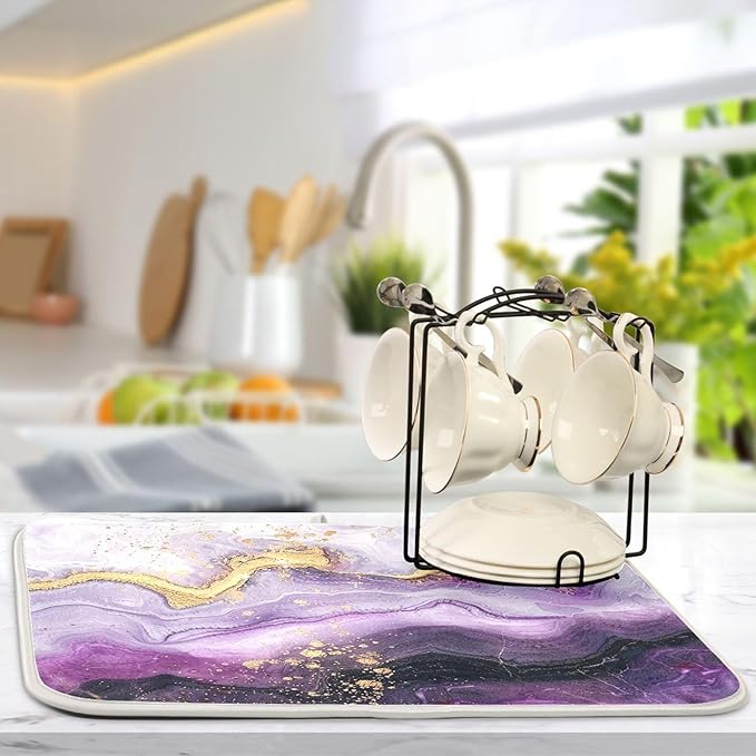 Marble Purple Gold Dish Drying Mat for Kitchen Countertop 16x18 Tie Dye Rectangle Small Drying Mat Reusable Quick Dry Dish Sink Absorbent Mats Dishwasher Easy Clean Decorative Home Decor Essentials