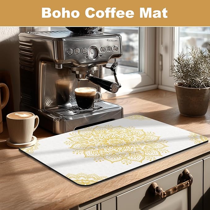 Yamaziot Boho Coffee Mat 12"x20", Floral Dish Drying Mat for Kitchen Counter, Non Slip Coffee Bar Accessories Espresso Machine Dish Rack