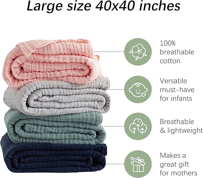 SWEET DOLPHIN Muslin Baby Bath Towels Blanket - 2 Pack 100% Cotton Towel for Babies, Infants, Toddlers - 40x40Inch - Highly Absorbent, Deep Emerald