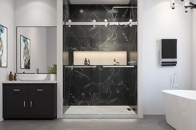 Twinglide VITRA-200 Frameless Shower Door 56.5-59" Width x 78" Height with 3/8" (10mm) Clear Tempered Glass (Chrome Double Towel Bars)