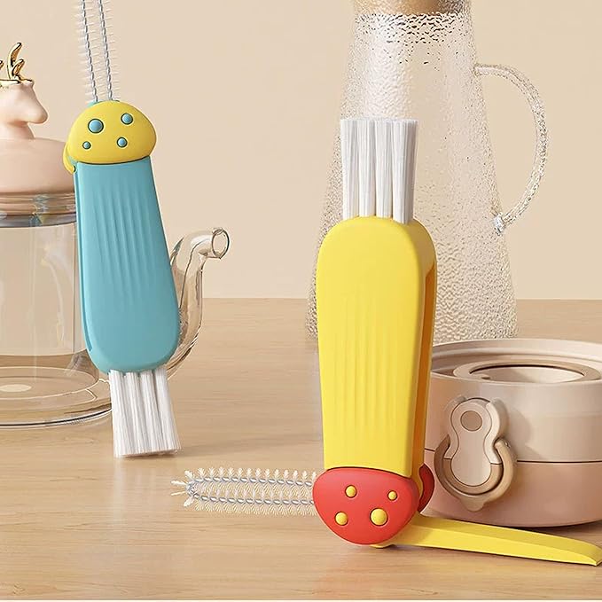 3 in 1 Cup Lid Gap Cleaning Brush Multifunctional Bottle Cleaning Brush for Water Bottle Cup Lid Gap for Gaps of Various Containers (Yellow Blue(Mushroom))