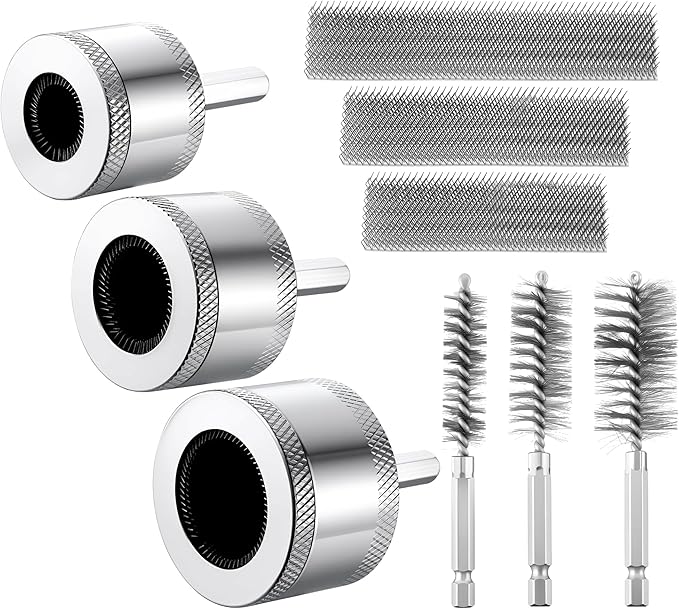 1/2"&3/4"&1" Copper Pipe Cleaner for Drill with 1/4" Hex Shank & Brush Blades & Metal Pipe Cleaning Brush, Tube Thread Cleaner, Plumbing Tools for Plumber Removing Rust, HVAC Stain Removal(3 Piece)
