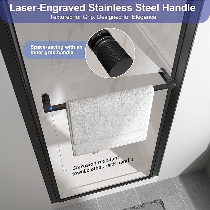 Frameless Pivot Shower Door 26"-28" W x 72" H, Swing Shower Glass Doors with Nano Explosion-Proof Film Tempered Glass 1/4"(6mm) Reversible Installtion, Matte Black Finish