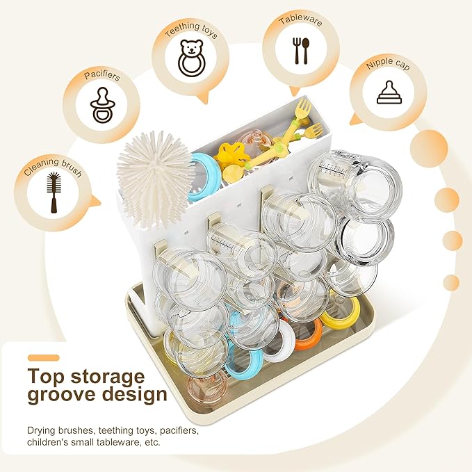 Superior Vertical Baby Bottle Drying Rack with 4-Pack Brush Set: Space-Saving Countertop Drying Rack - BPA-Free Baby Accessories Storage Stand Organizing Brushes & Pacifiers - Warm Beige