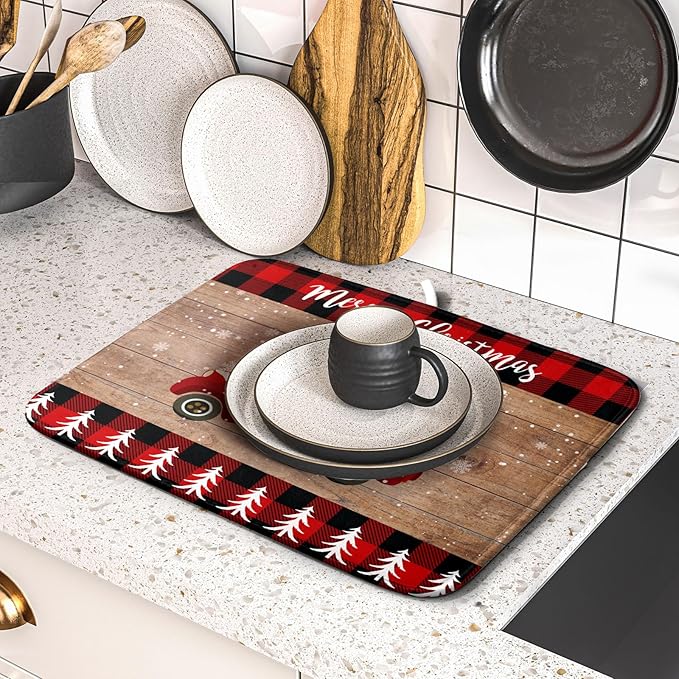 Christmas Dish Drying Mat 16 x 18 Inch with Hanging Loop High Absorbent Reversible Microfiber Red Truck Buffalo Check Plaid Dish Mat Dish Drying Pad Dish Rack Pad Drainer Mat Counter Mat