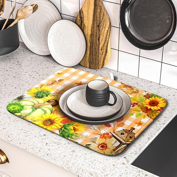Autumn Maple Leaf Orange White Check Plaids Dish Drying Mat for Kitchen Counter,Fall Sunflower Pumpkin Drying Mat 16 x 18 Inch with Absorbent Reversible Microfiber Dish Drying Pad for Coffee Bar