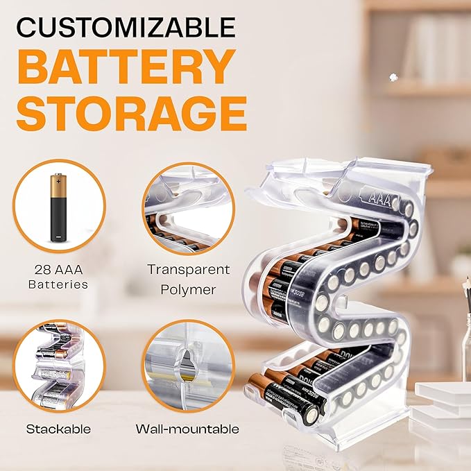 Battery Ladder Organizer Case for AAA Batteries - Stackable or Mounted Vertical Storage Battery Dispenser for Home, Garage, & Workshop (2-Pack, Holds 56 AAA Batteries Total)