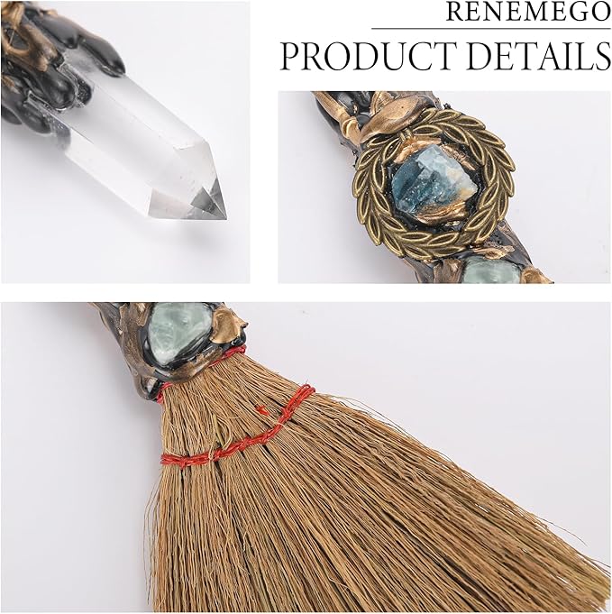 Witch Crystal Altar Broom - Natural Crystal Magic Broom for Wiccan Décor Halloween Costume Handmade 8 Inches Mini Witches Broomstick with White Crystal Stone for Cleansing Healing Feng Shui