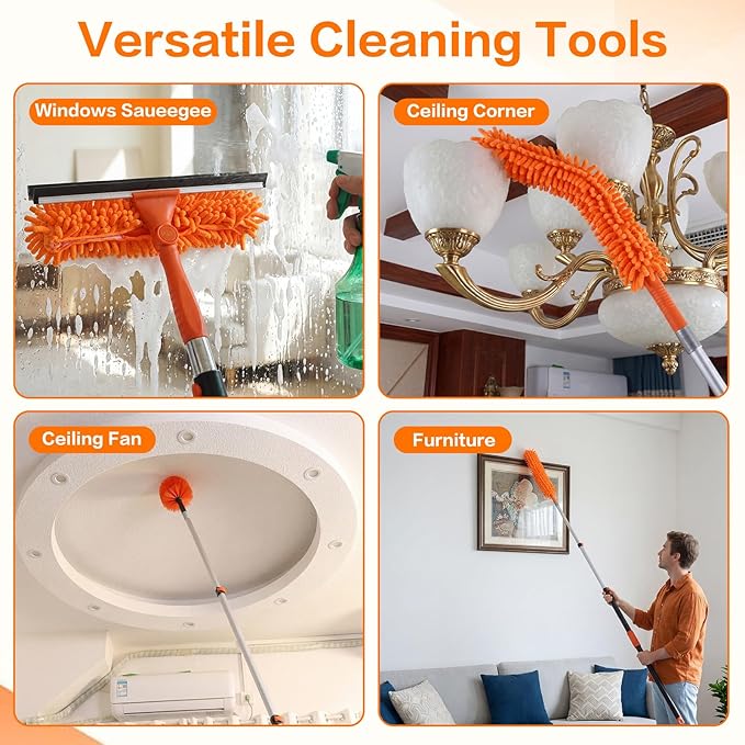 26FT High Reach Duster Cleaning Kit with Extension Pole, High Ceiling Fan Cleaner Duster for Fan Blades, Window Washing Kit with Microfiber Duster & Squeegee