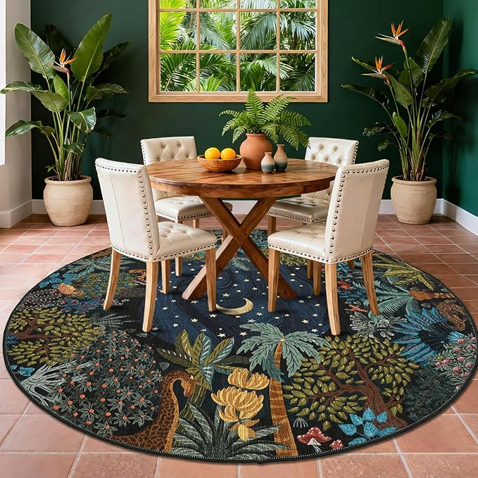 GarveeHome Round Area Rugs 5ft for Bedroom, Green Jungle Washable Circle Rug Soft Non Slip Forest Animal Print Floor Mat Tiger Carpet Indoor Thin Rug for Kids Room Dining Room Playroom Nursery