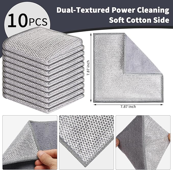 10 Pack Dual-Sided Metal Wire Dishcloth, Reusable Non-Scratch Cleaning Pads with Fabric Side for Nonstick Cookware, Pots, Pans & Kitchen Cleaning