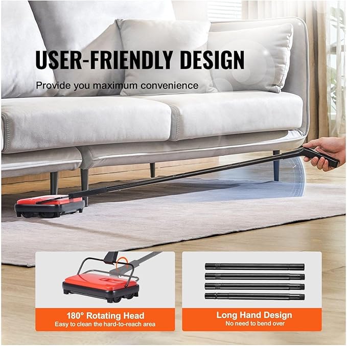 Carpet Sweeper Manual - 6.7 Inch Sweeping, Non-Electric Floor Sweeper for Hardwood, Rugs, Laminate - 300ml Dustbin, Comb Included