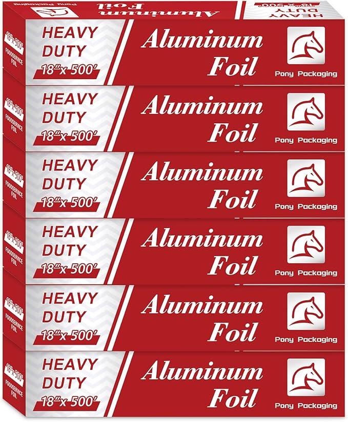 6 Count Heavy Duty Aluminum Foil Roll for Food 18 Inches 500 FT Heavy Duty Food Safe Foil Wrap Pony Package