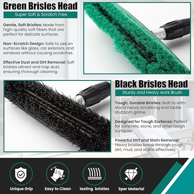 76.7" Sturdy Handle Water Push Floor Broom Green Bristles Cleaning Path 12.2" for Soft Cleaning Car Wash Boat and Solar Panel Black for Hard Floor Clean Telescopic pole from 35.4" to 76.7" tap Connect