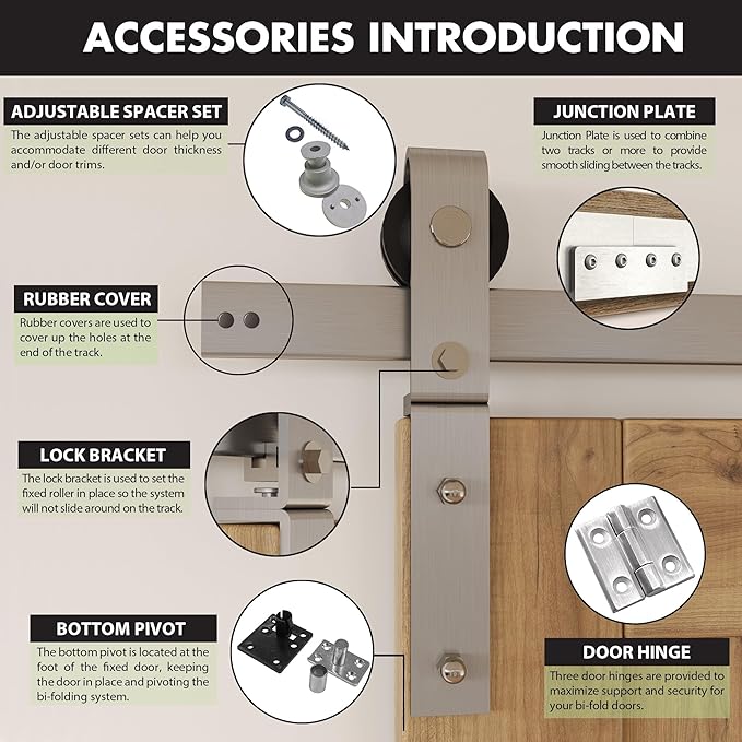 Homacer 60in Brushed Nickel Bi-Folding Sliding Barn Door Hardware Kit for 2 Doors,Heavy Duty, Quietly,Easy to Install (Door Not Included)