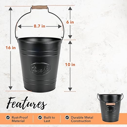Autumn Alley Farmhouse Bathroom Trash Can - Decorative Rustic Black Trash Can Bucket with Wooden Handle for Bathroom, Bedroom, Office, Kitchen, Western Country Home Décor, 2 Gal., Matte Black
