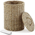 Ctosree 1.3 Gallons Small Trash Can with Lid Handle Boho Woven Braided Bathroom Waste Basket Trash Can with 100 Garbage Bags for Bedroom Office Laundry(Primary Color,Braided Straw Rope,Round)