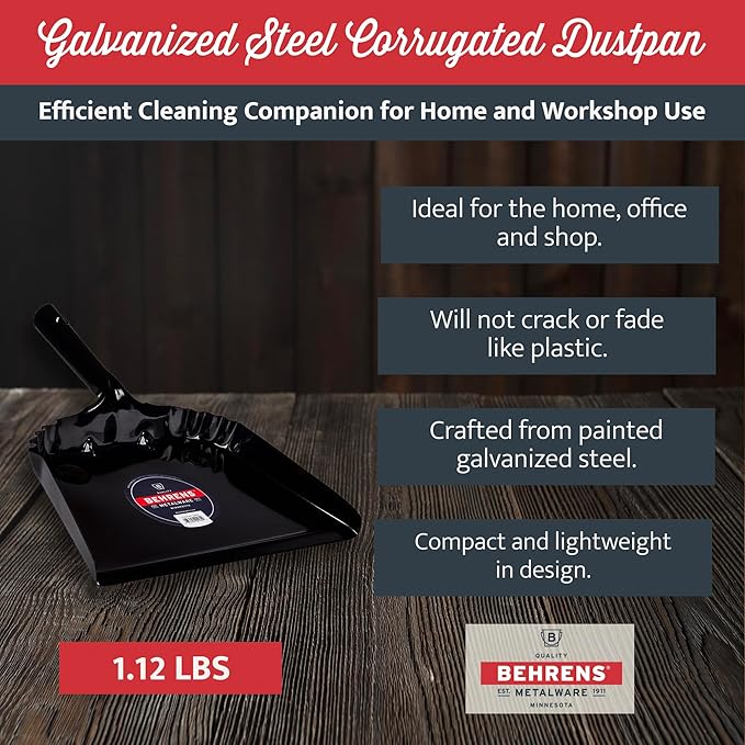 Behrens Portable Weatherproof Galvanized Steel Corrugated Dustpan for Home, Kitchen, Office, or Shop Cleaning and Organization, Black