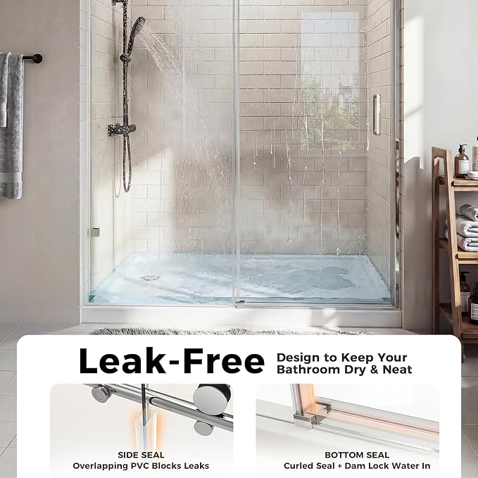 56-60" W x 75" H Frameless Shower Door, Magnetic Sliding Glass Shower Door, 5/16"(8mm) Tempered Glass, Leak-Proof Seals, Stainless Steel Hardware, Easy-Clean Nano Coating, Brushed Stainless