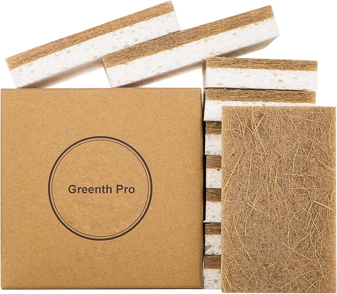 10 Pack Nature Dish Sponge - Natural Kitchen Sponge - Coconut Fiber and Wood Cellulose Scrubber