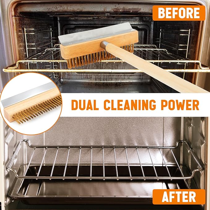2 Pack 37 Inch Wood Handle Pizza Oven Brush with Scraper Outdoor Pizza Oven Cleaning Brush Tool, Aluminum Threaded Tip, Brass Bristles with Steel Scraper