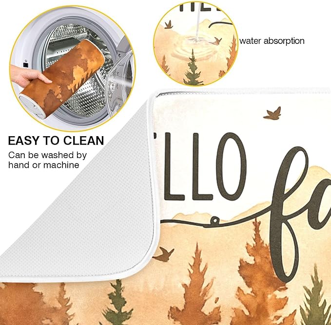 Hello Fall Forest Dish Drying Mat for Kitchen Countertop 18x24 Autumn Pine Tree Large Drying Mat Reusable Quick Dry Dish Sink Mats Easy Clean Decorative Essentials