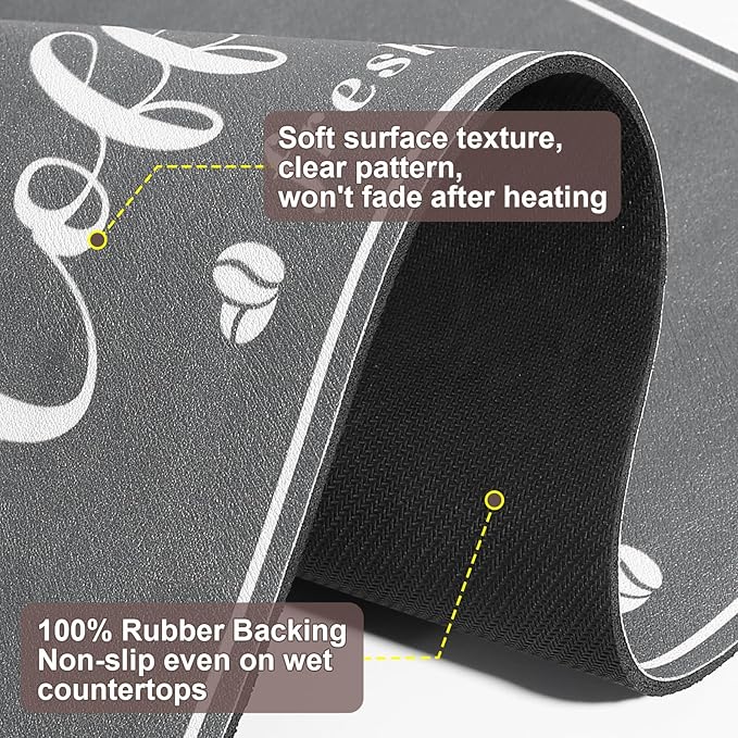 Absorbent Coffee Mat, Fashion Dish Drying Mat for Kitchen Counter Coffee Bar Accessories Espresso Machine Dish Rack 16" x 24" Dark Grey