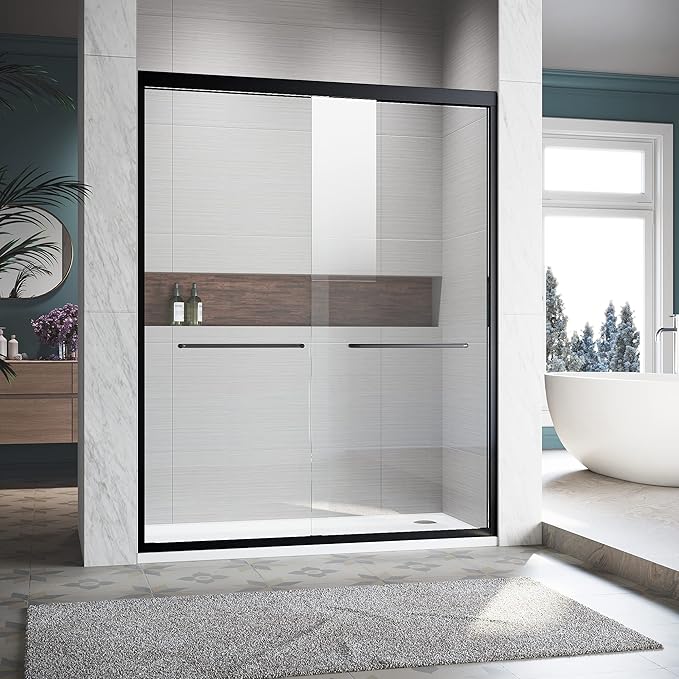 56-60" W x 72" H Adjustable Semi-Frameless Sliding Shower Door, Certified 3/8" Clear Tempered Glass, 304 Stainless Steel Handle, Elegant Matte Black Finish