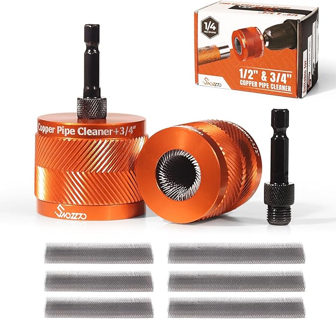 1/2" & 3/4" Metal Copper Pipe Cleaner Set,with 1/4 Hex Shank,Each Additional 2PCS Replaceable Blades are Provided,for Cleaning Rust, Stains, Paint on Copper Pipes and Various Metal Pipes