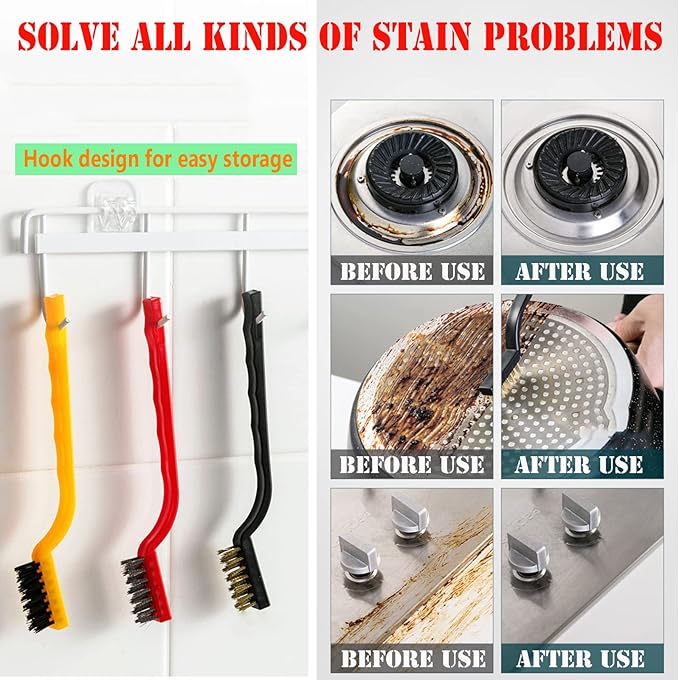 5Pcs Kitchen Stove Cleaning Brush + Scraper Tool Set, Brass, Stainless Steel and Nylon Brush Head Brushes for Range Hood Grease Grime, Heavy Duty Scraper for Gas Burners Cooktop Pot Pan