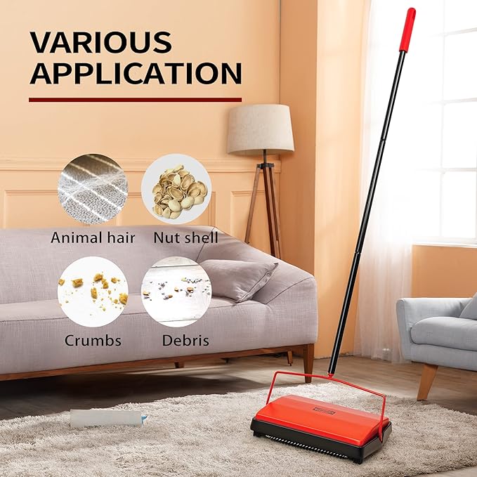 JEHONN Carpet Floor Sweeper Manual with Horsehair, Rotor Brush Heavy Duty for Pet Hair Clean
