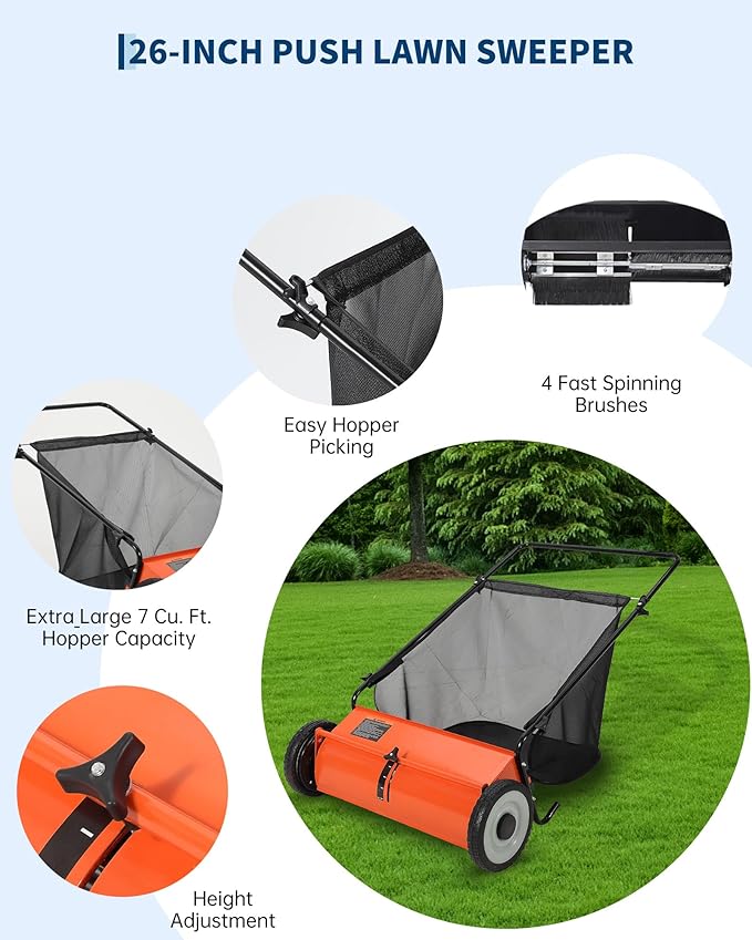 26-Inch Push Lawn Sweeper, 7 Cu. Ft. Hopper Capacity Leaf & Grass Collector with 4 Spinning Brushes, Adjustable Height, for Grass Clippings, Leaves & Debris, Orange